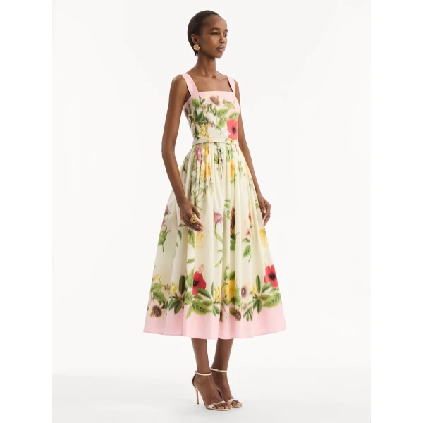 Oscar de la Renta Dominican Mixed-Floral Cotton Poplin Dress, view 3