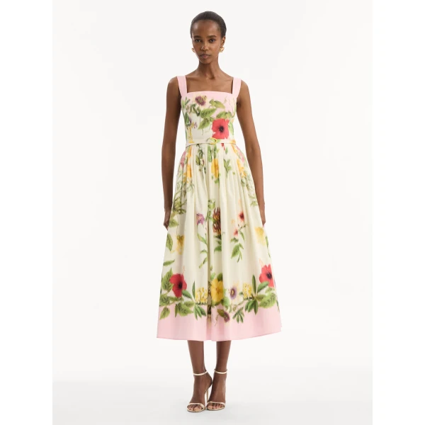 Oscar de la Renta Dominican Mixed-Floral Cotton Poplin Dress, view 5