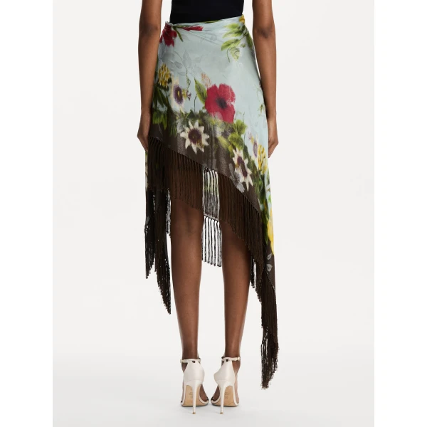 Oscar de la Renta Dominican Mixed-Floral Fringe Skirt, view 2