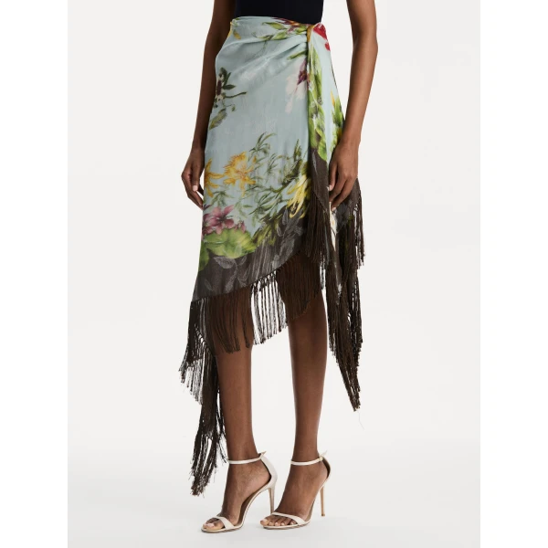 Oscar de la Renta Dominican Mixed-Floral Fringe Skirt, view 3