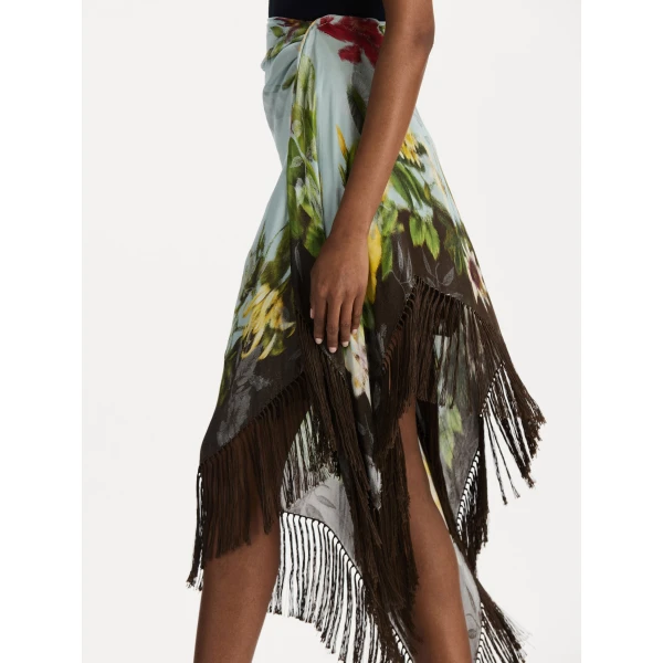 Oscar de la Renta Dominican Mixed-Floral Fringe Skirt, view 4
