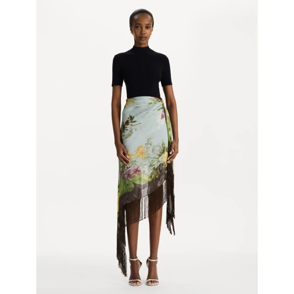 Oscar de la Renta Dominican Mixed-Floral Fringe Skirt, view 5