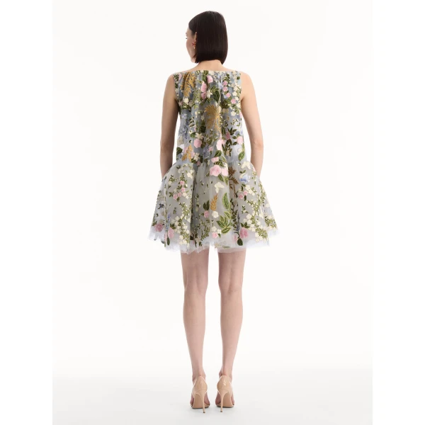 Oscar de la Renta Dominican Mixed-Floral Guipure Cape-Back Dress, view 2