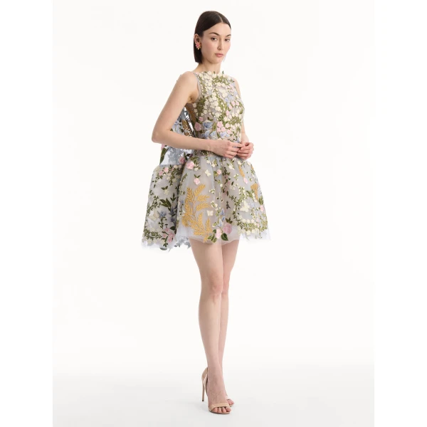 Oscar de la Renta Dominican Mixed-Floral Guipure Cape-Back Dress, view 3