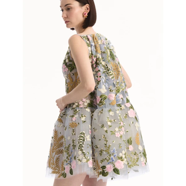 Oscar de la Renta Dominican Mixed-Floral Guipure Cape-Back Dress, view 4
