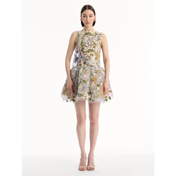 Oscar de la Renta Dominican Mixed-Floral Guipure Cape-Back Dress, view 5