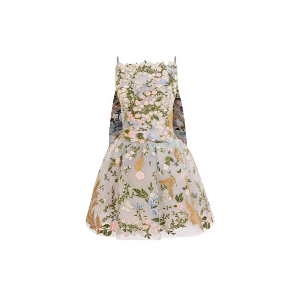 Oscar de la Renta Dominican Mixed-Floral Guipure Cape-Back Dress