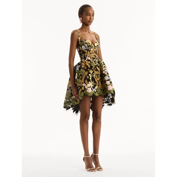 Oscar de la Renta Dominican Mixed-Floral Guipure High-Low Dress, view 3