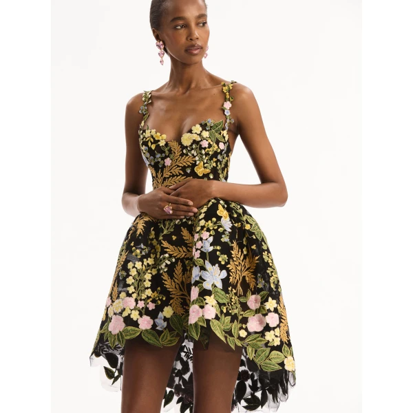 Oscar de la Renta Dominican Mixed-Floral Guipure High-Low Dress, view 4