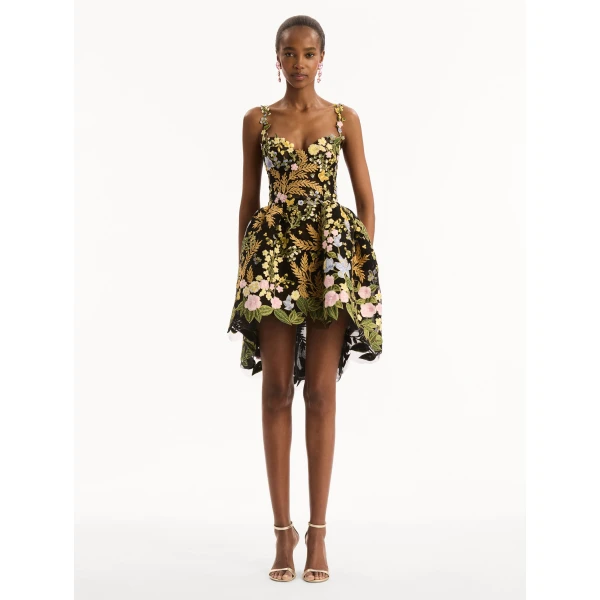 Oscar de la Renta Dominican Mixed-Floral Guipure High-Low Dress, view 5
