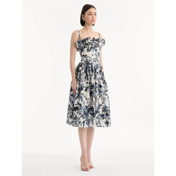 Oscar de la Renta Dotted Palm Leaves Cotton Poplin Sleeveless Dress, view 3