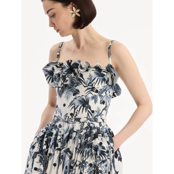 Oscar de la Renta Dotted Palm Leaves Cotton Poplin Sleeveless Dress, view 4