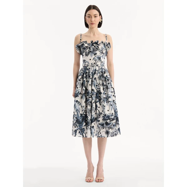 Oscar de la Renta Dotted Palm Leaves Cotton Poplin Sleeveless Dress, view 5