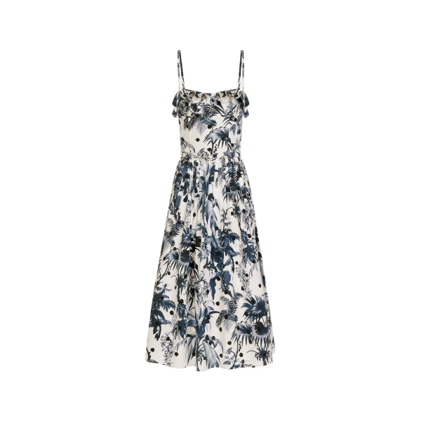 Oscar de la Renta Dotted Palm Leaves Cotton Poplin Sleeveless Dress