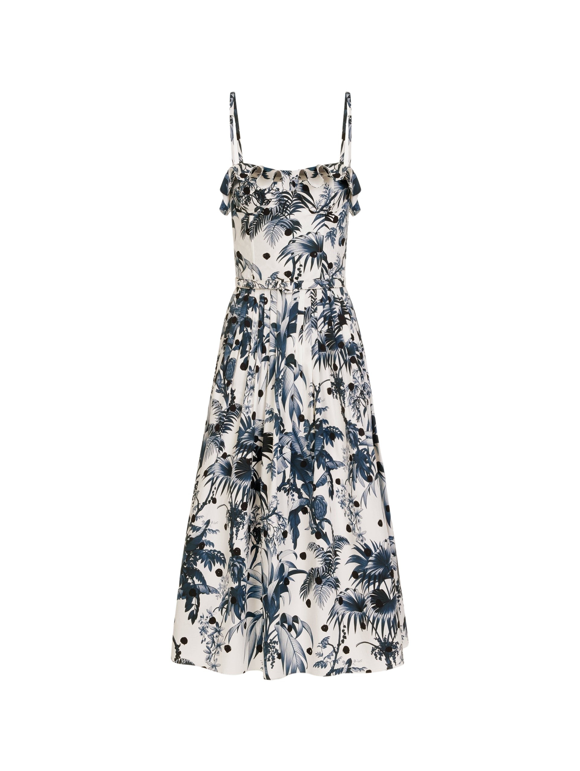 Oscar de la Renta Dotted Palm Leaves Cotton Poplin Sleeveless Dress
