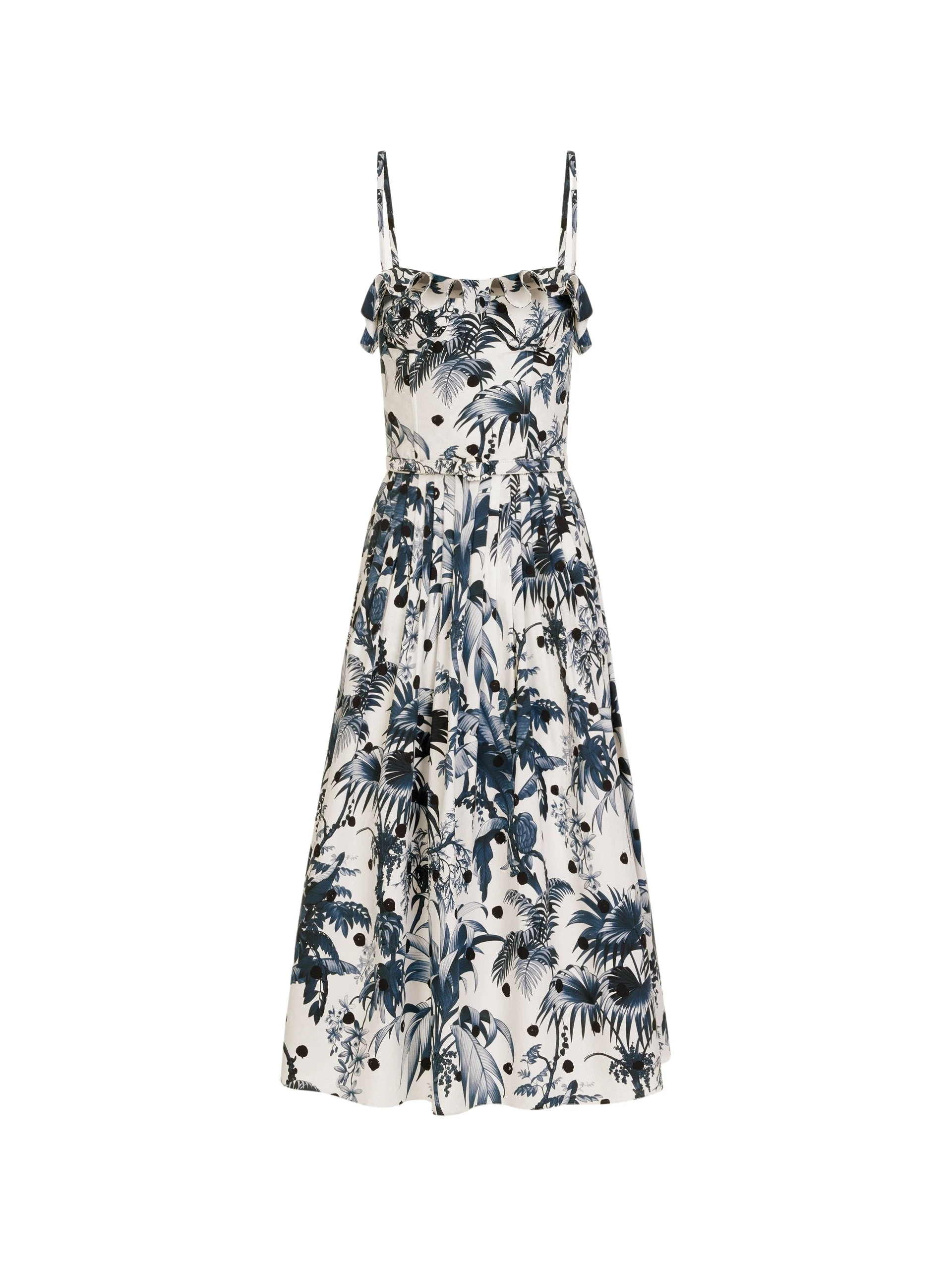 Oscar de la Renta Dotted Palm Leaves Cotton Poplin Sleeveless Dress