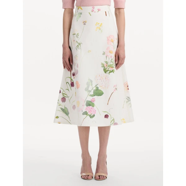 Oscar de la Renta Faded Mixed Botanical Denim Midi Skirt, view 2