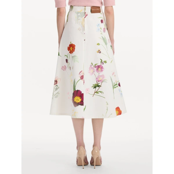 Oscar de la Renta Faded Mixed Botanical Denim Midi Skirt, view 3