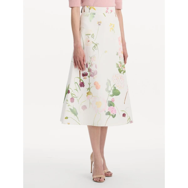Oscar de la Renta Faded Mixed Botanical Denim Midi Skirt, view 4