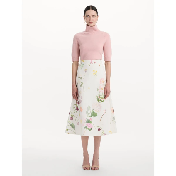 Oscar de la Renta Faded Mixed Botanical Denim Midi Skirt, view 5