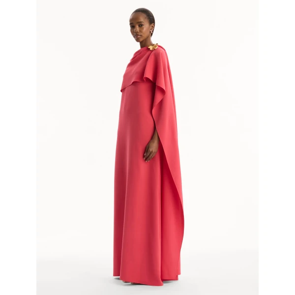 Oscar de la Renta Hibiscus Brooch Georgette Caftan Dress, view 3