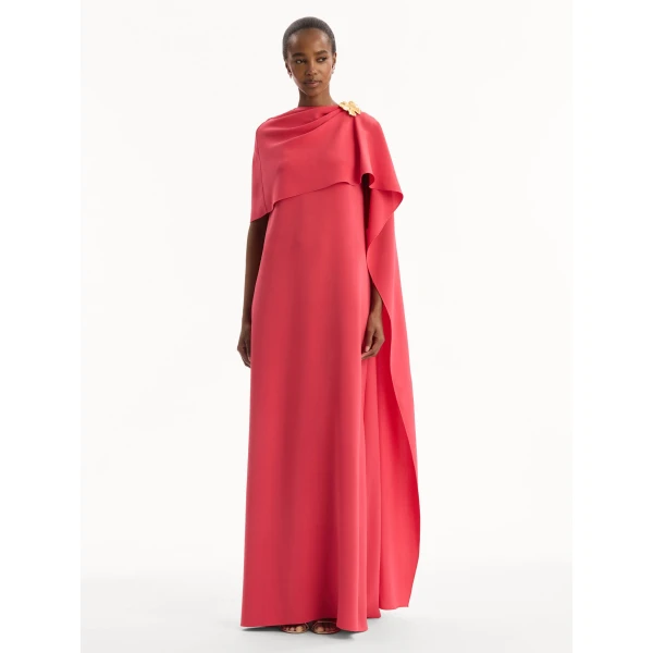 Oscar de la Renta Hibiscus Brooch Georgette Caftan Dress, view 5