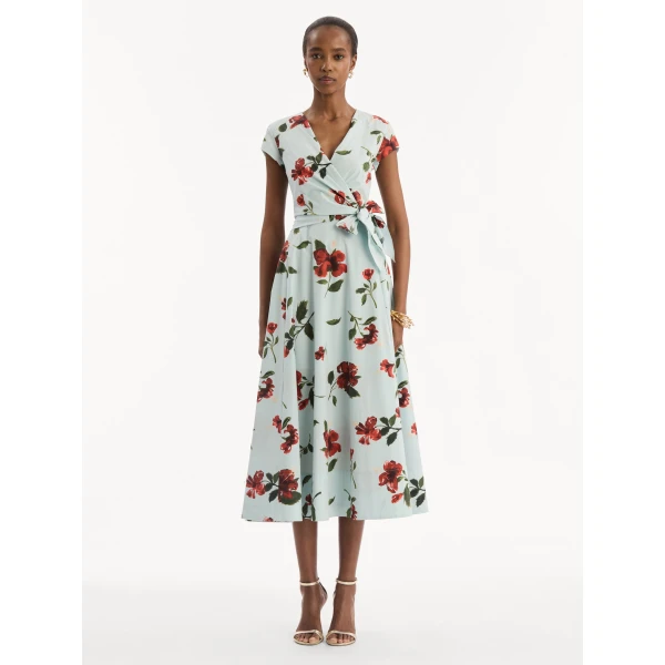 Oscar de la Renta Hibiscus Cotton Poplin Wrap Dress, view 5