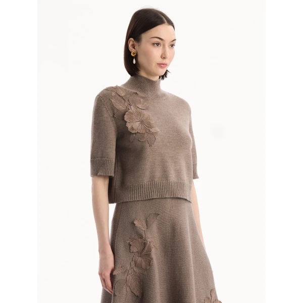 Oscar de la Renta Hibiscus Embroidered Knit Pullover, view 4