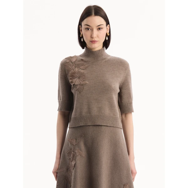 Oscar de la Renta Hibiscus Embroidered Knit Pullover, view 5