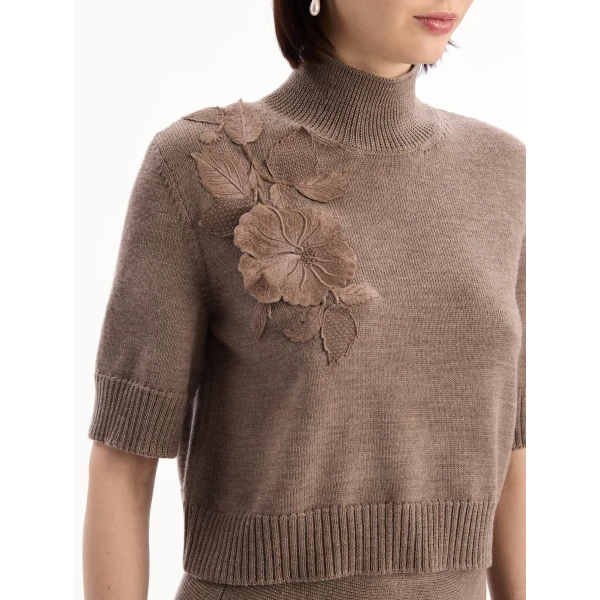 Oscar de la Renta Hibiscus Embroidered Knit Pullover, view 6