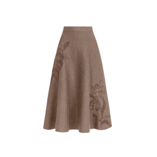 Oscar de la Renta Hibiscus Embroidered Knit Skirt