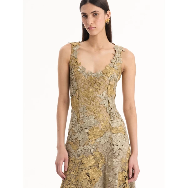 Oscar de la Renta Hibiscus Metallic Guipure Cocktail Dress, view 4