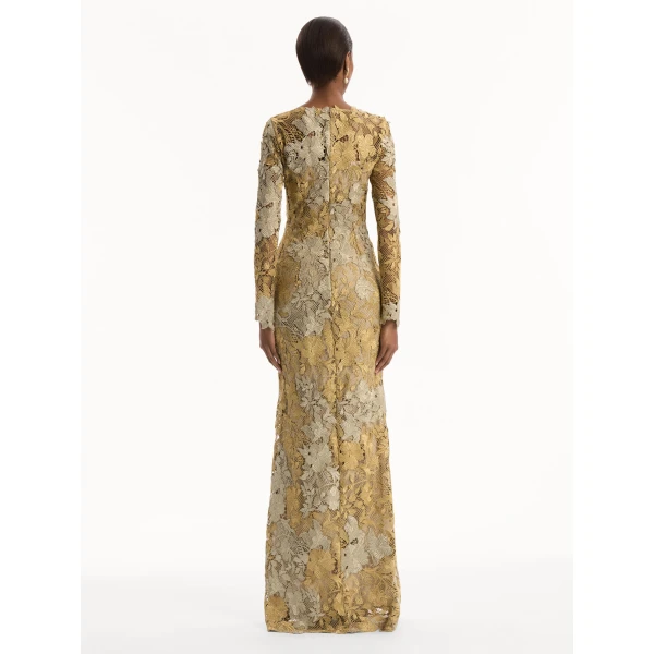 Oscar de la Renta Hibiscus Metallic Guipure Gown, view 2