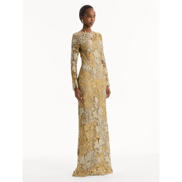 Oscar de la Renta Hibiscus Metallic Guipure Gown, view 3