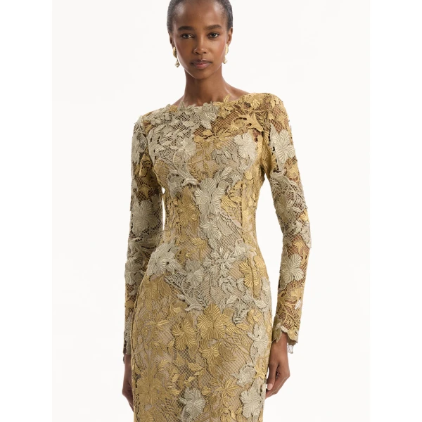Oscar de la Renta Hibiscus Metallic Guipure Gown, view 4