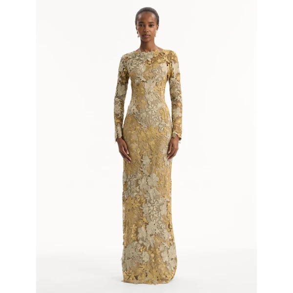 Oscar de la Renta Hibiscus Metallic Guipure Gown, view 5