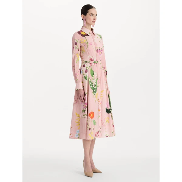 Oscar de la Renta Mixed Botanical Cotton Poplin Collared Dress, view 3