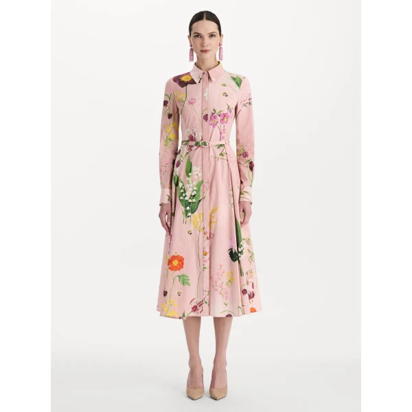 Oscar de la Renta Mixed Botanical Cotton Poplin Collared Dress, view 5