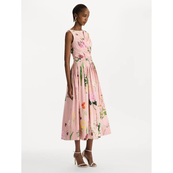 Oscar de la Renta Mixed Botanical Cotton Poplin Draped Dress, view 3