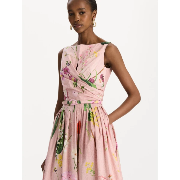 Oscar de la Renta Mixed Botanical Cotton Poplin Draped Dress, view 4