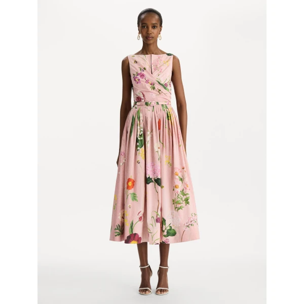 Oscar de la Renta Mixed Botanical Cotton Poplin Draped Dress, view 5