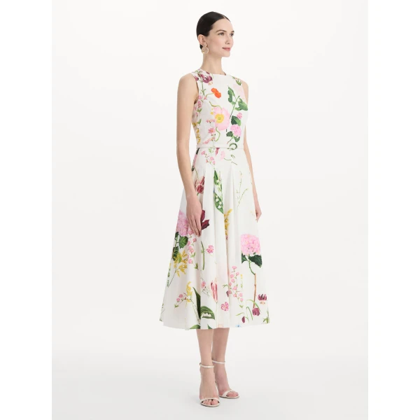 Oscar de la Renta Mixed Botanical Cotton Poplin Sleeveless Dress, view 3