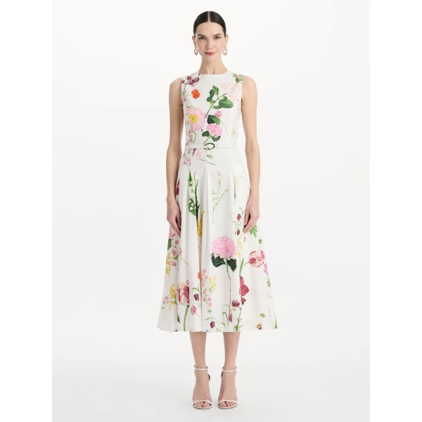Oscar de la Renta Mixed Botanical Cotton Poplin Sleeveless Dress, view 5