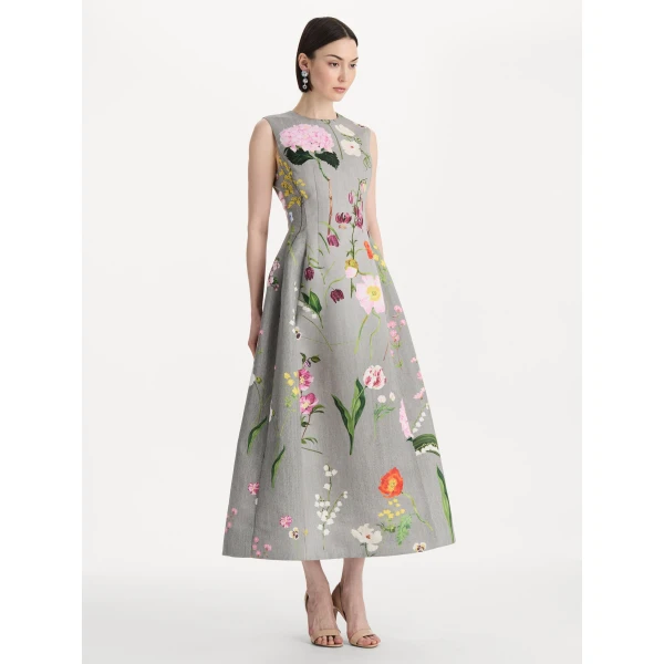 Oscar de la Renta Mixed Botanical Faille Cocktail Dress, view 3