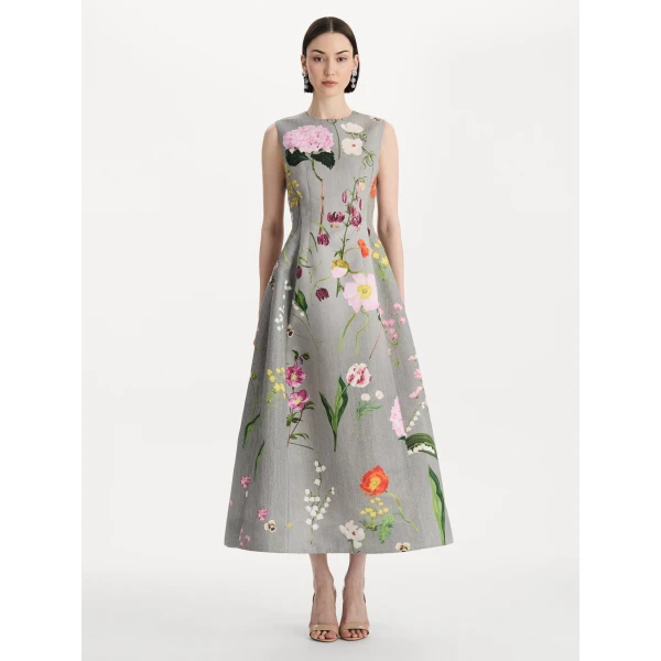Oscar de la Renta Mixed Botanical Faille Cocktail Dress, view 5