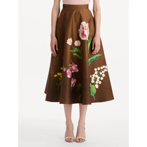 Oscar de la Renta Mixed Botanical Midi Skirt, view 2