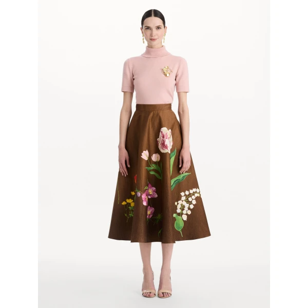 Oscar de la Renta Mixed Botanical Midi Skirt, view 5