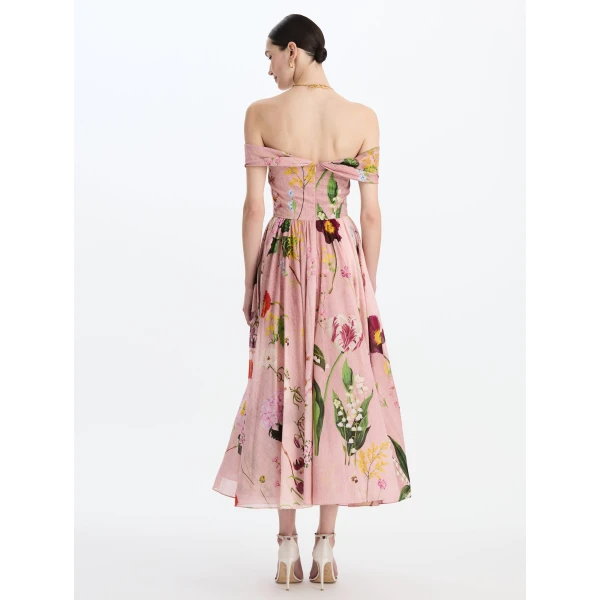 Oscar de la Renta Mixed Botanical Off-Shoulder Dress, view 2
