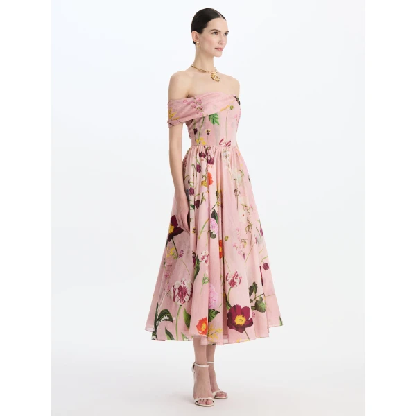 Oscar de la Renta Mixed Botanical Off-Shoulder Dress, view 3