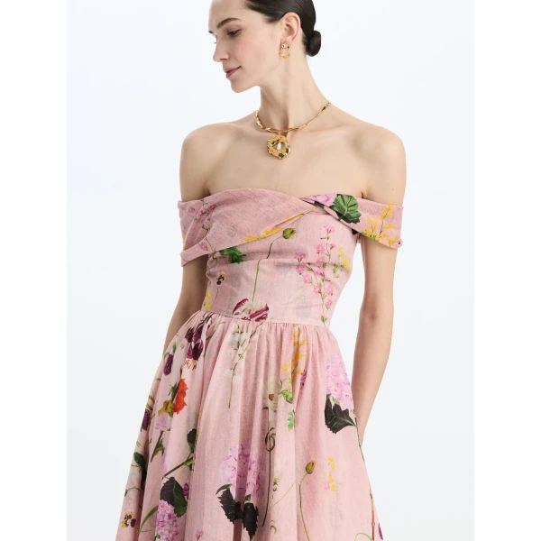 Oscar de la Renta Mixed Botanical Off-Shoulder Dress, view 4